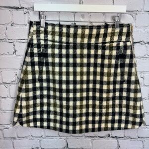 J. Crew 100% Wool Gingham Plaid Black Cream Yellow Mini Skirt Preppy Size 10